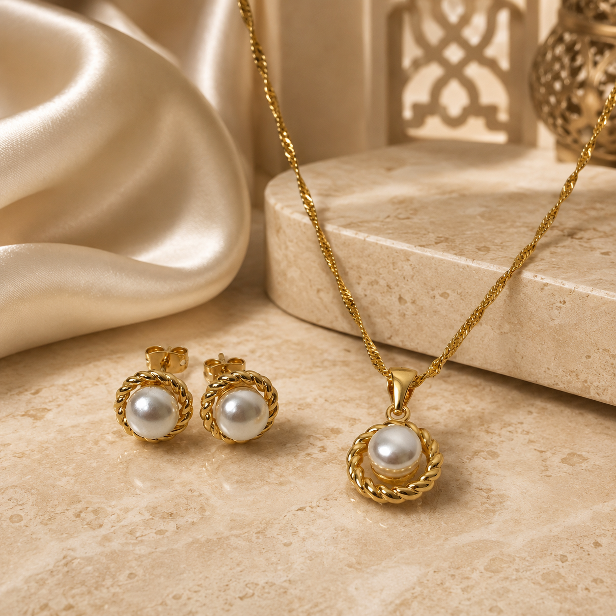 Abuda Maysoon Pearl Circle Gold Jewelry Set image 2