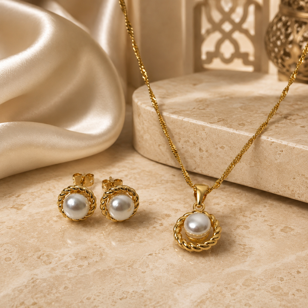 Abuda Maysoon Pearl Circle Gold Jewelry Set image 2