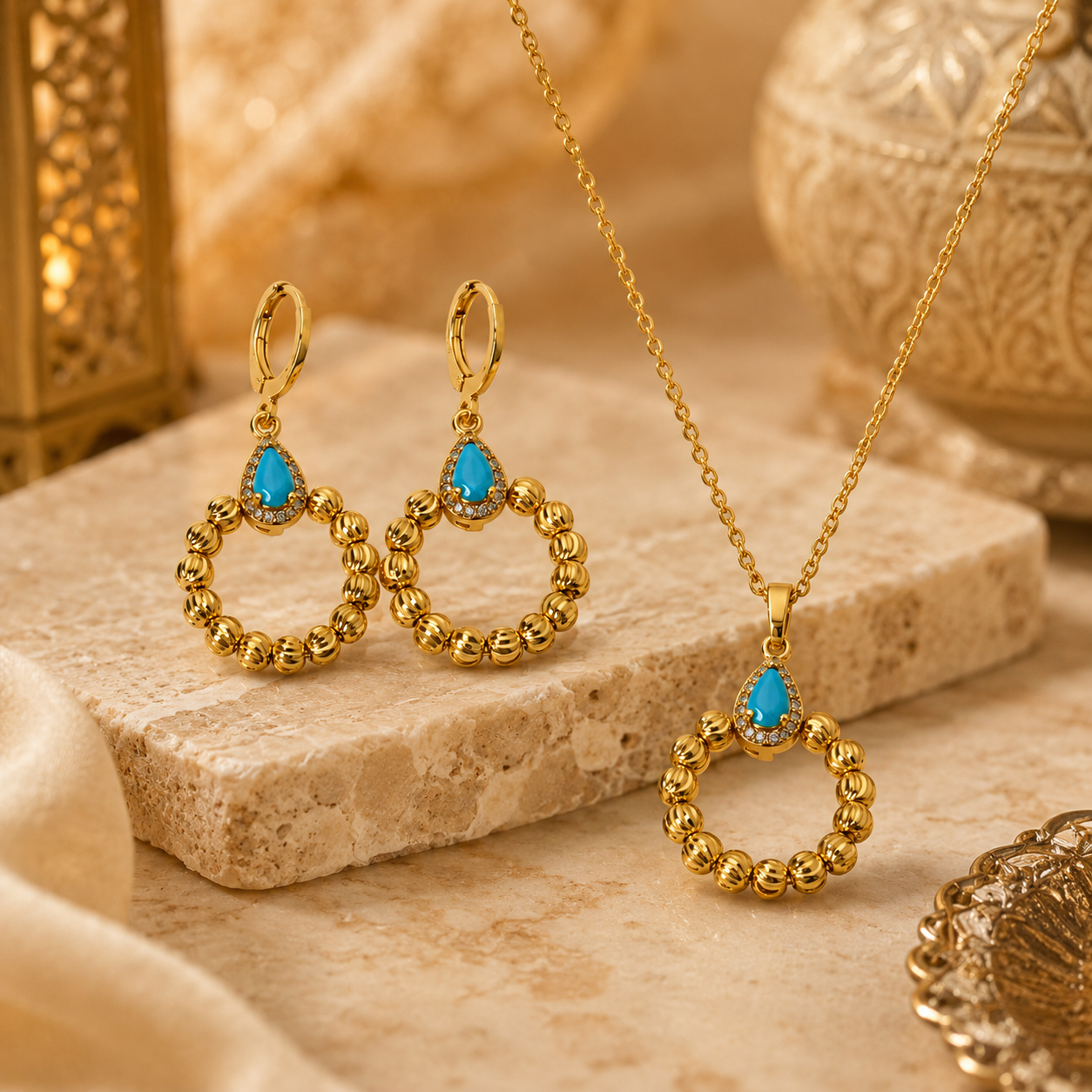 Abuda Saba Turquoise Sun Hoop Gold Jewelry Set image 2