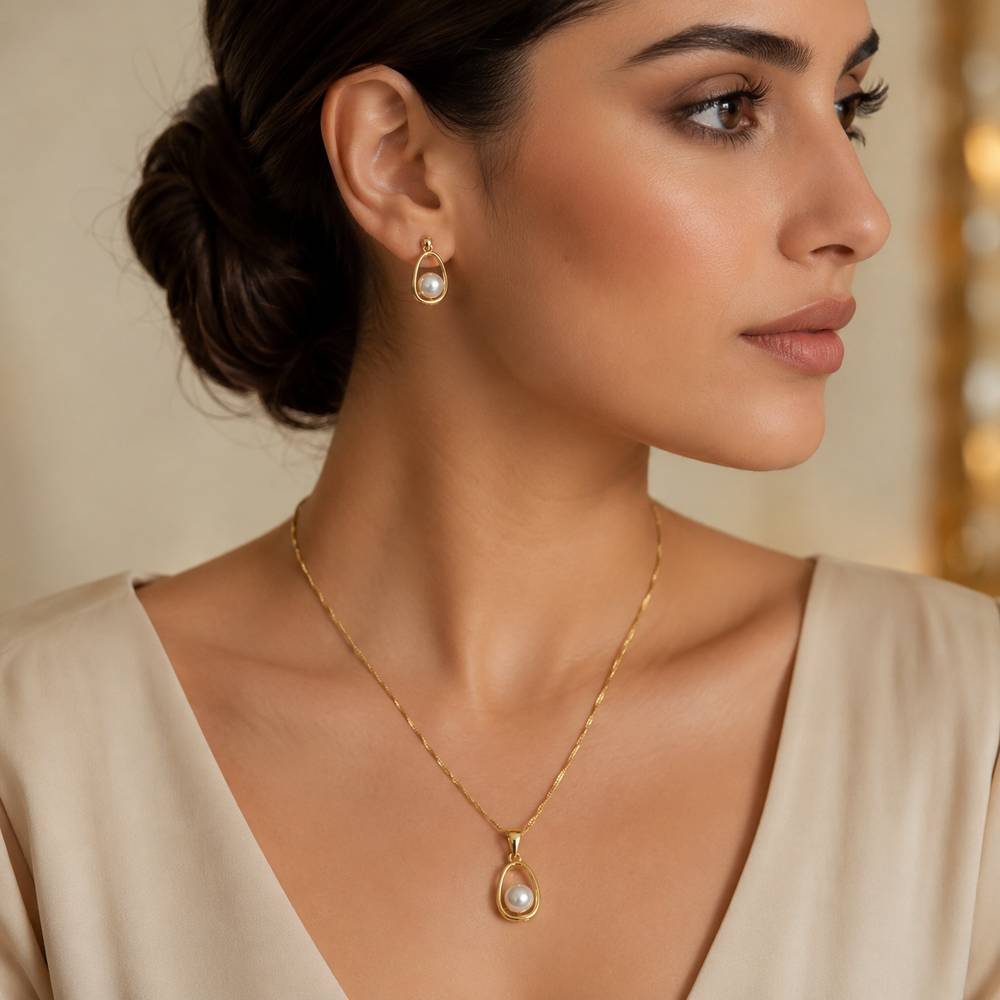 Abuda Laila Pearl Halo Gold Jewelry Set image 3