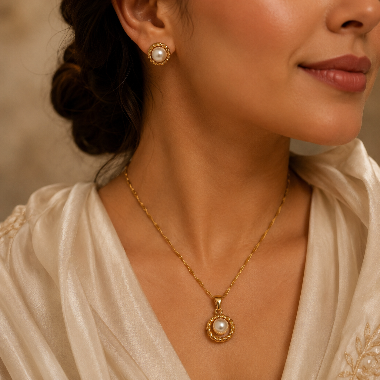 Abuda Maysoon Pearl Circle Gold Jewelry Set image 3